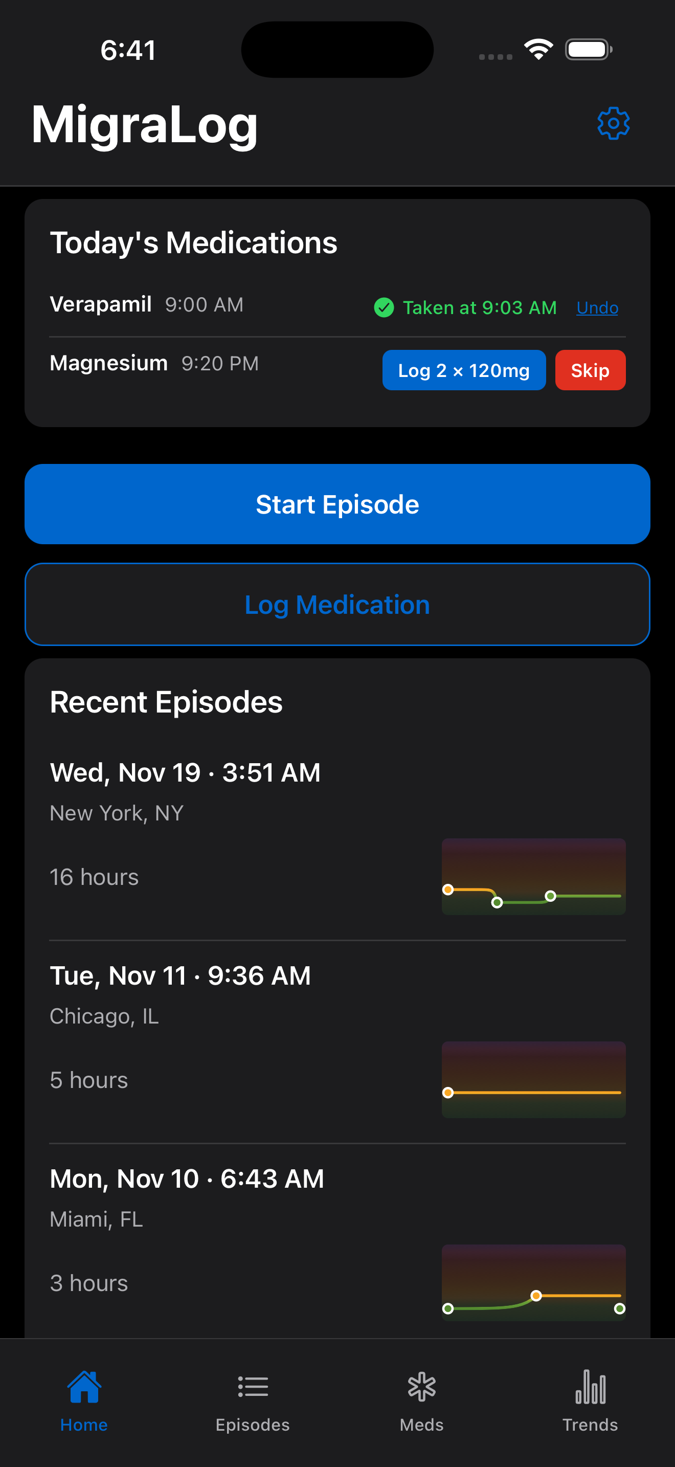 MigraLog home screen showing dashboard with recent episodes and medication tracking